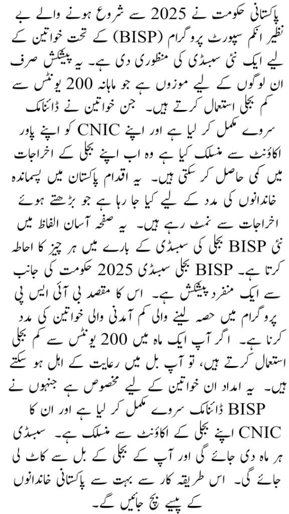 BISP Electricity Subsidy
